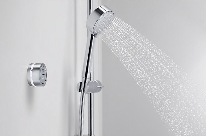 Kohler DTV Mode digital shower interface in bathroom next to running shower handle | bathroom accessories | Weinstein Collegeville