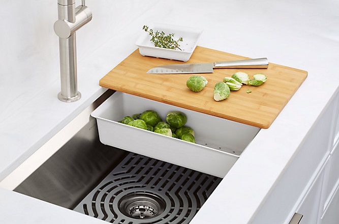 Kohler Task sink with cutting board, knife, and colander set | kohler task kitchen sink | Weinstein Collegeville