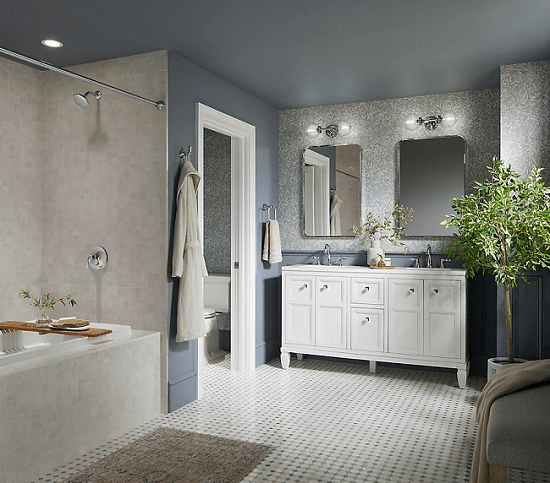 Bathroom with Kohler Bellera collection for faucet, trim, shower head and handles | Kohler Bellera Bathroom Faucet Collection | Weinstein Collegeville