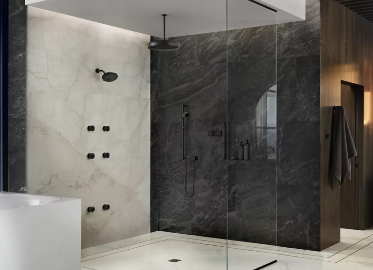 Bathroom with Kohler Statement shower collection | Kohler Statement Open Rain Showerhead | Weinstein Collegeville